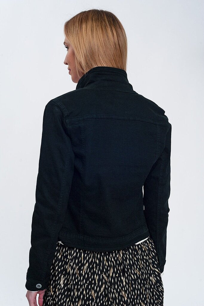 Q2 Black Stretch Trucker Denim Jacket