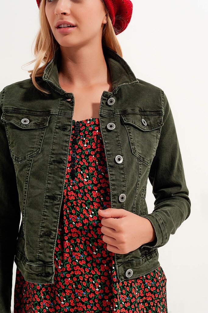 Q2 Green Mineral Wash Stretch Trucker Denim Jacket