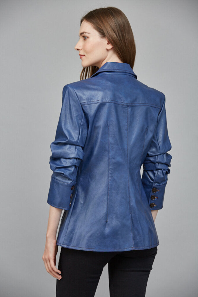 FATE Deep Blue Pleather Scrunch Sleeve Blazer Jacket