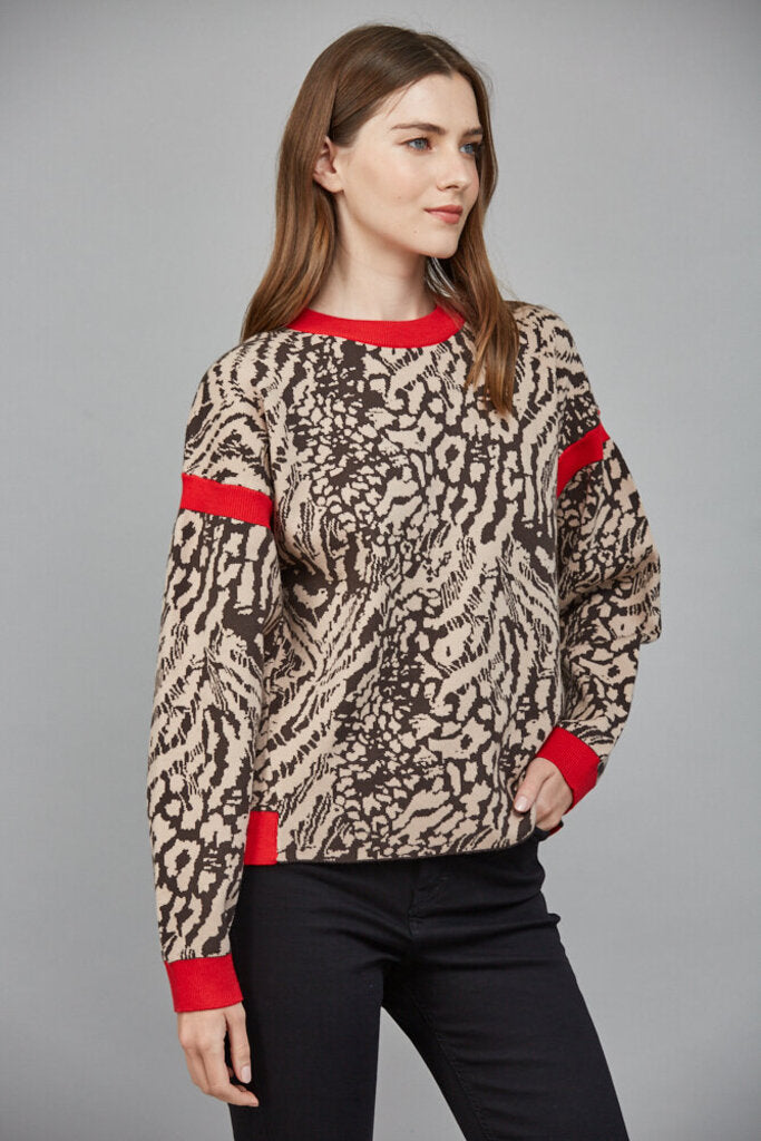 FATE Tan and Brown with Red Trim Sweater