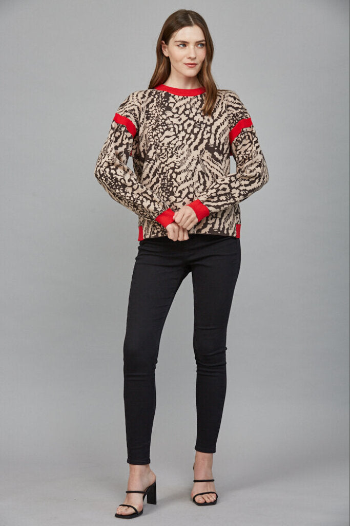 FATE Tan and Brown with Red Trim Sweater