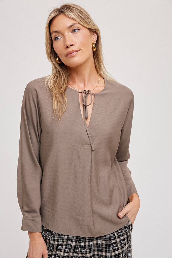 FUN2FUN Taupe Front Tie Long Sleeve Top