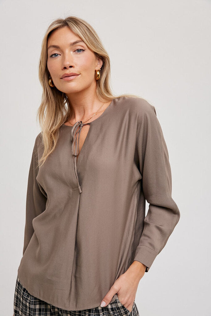 FUN2FUN Taupe Front Tie Long Sleeve Top