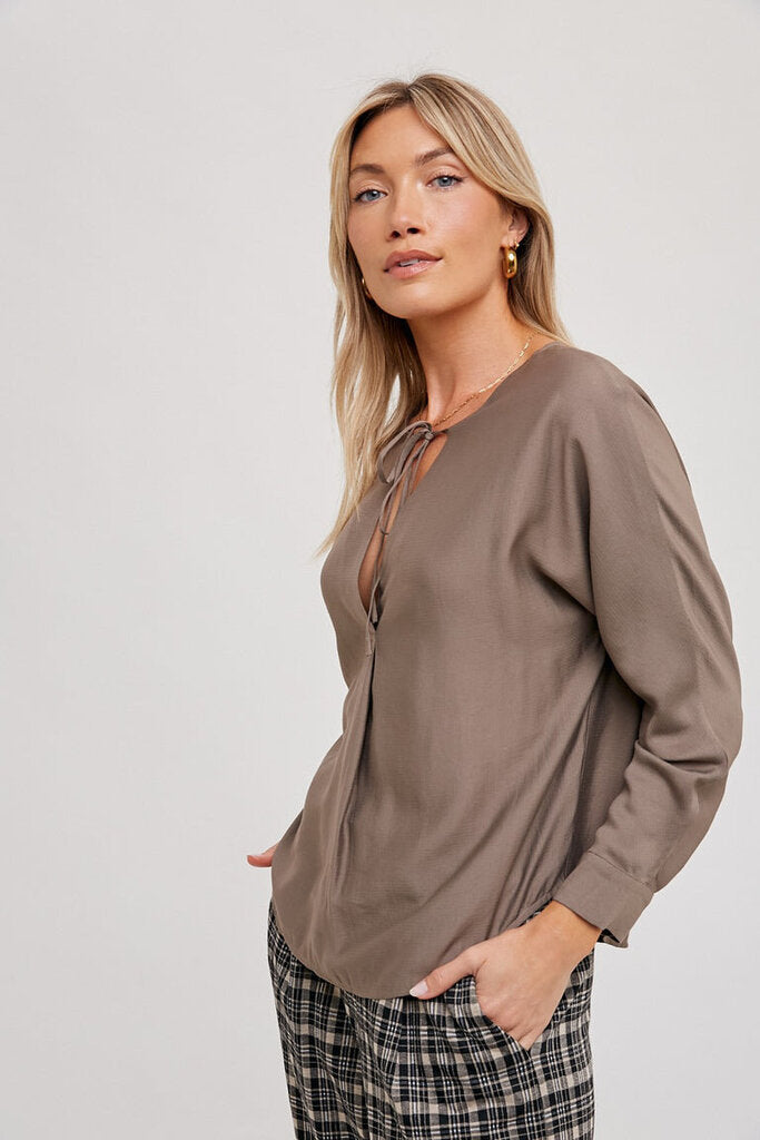 FUN2FUN Taupe Front Tie Long Sleeve Top