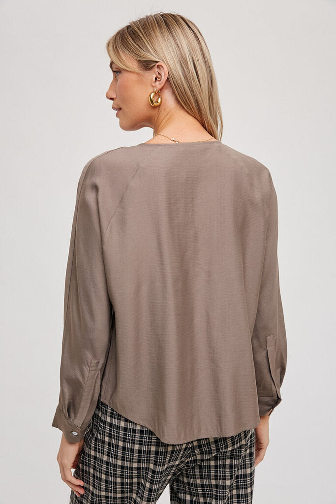 FUN2FUN Taupe Front Tie Long Sleeve Top