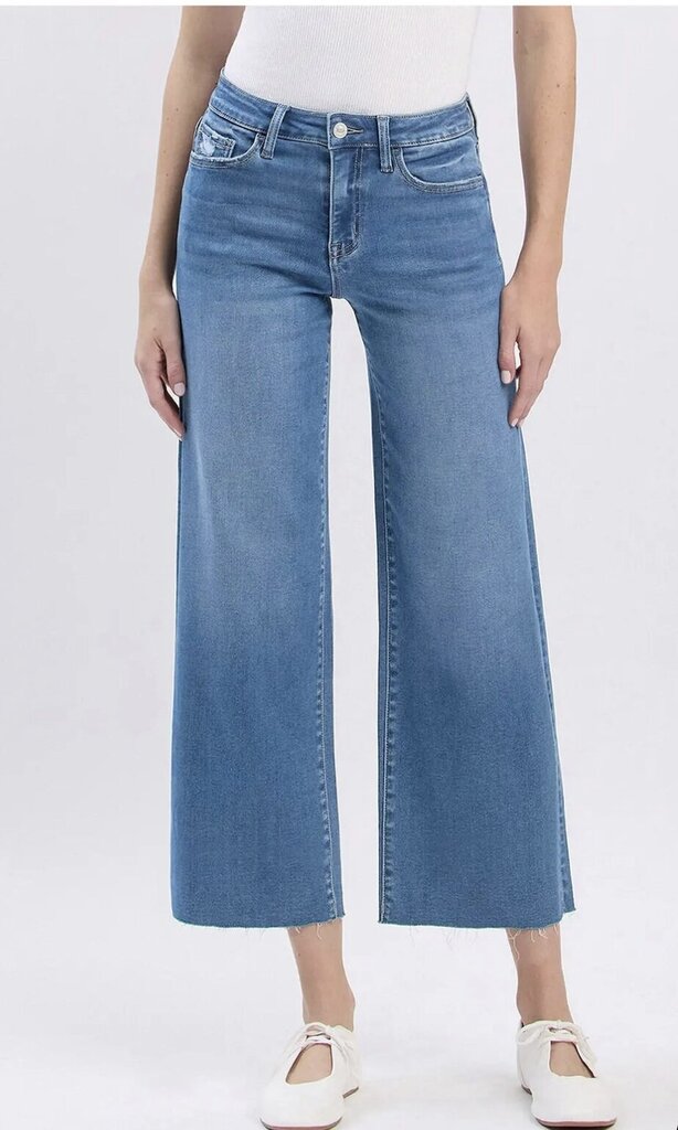 VERVET HIGH RISE CLEAN CUT RAW HEM CROP SLIM WIDE JEANS