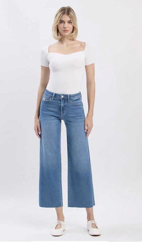 VERVET HIGH RISE CLEAN CUT RAW HEM CROP SLIM WIDE JEANS