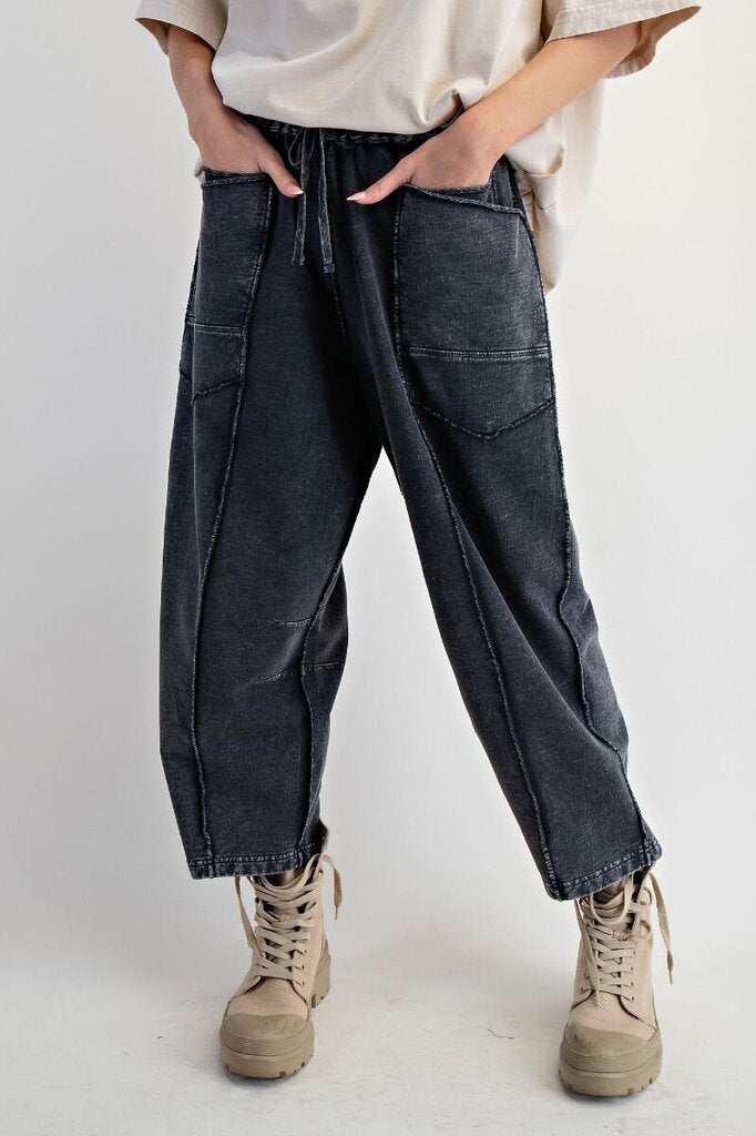 EASEL Black Mineral Wash Barrel Terry Lounge Pant