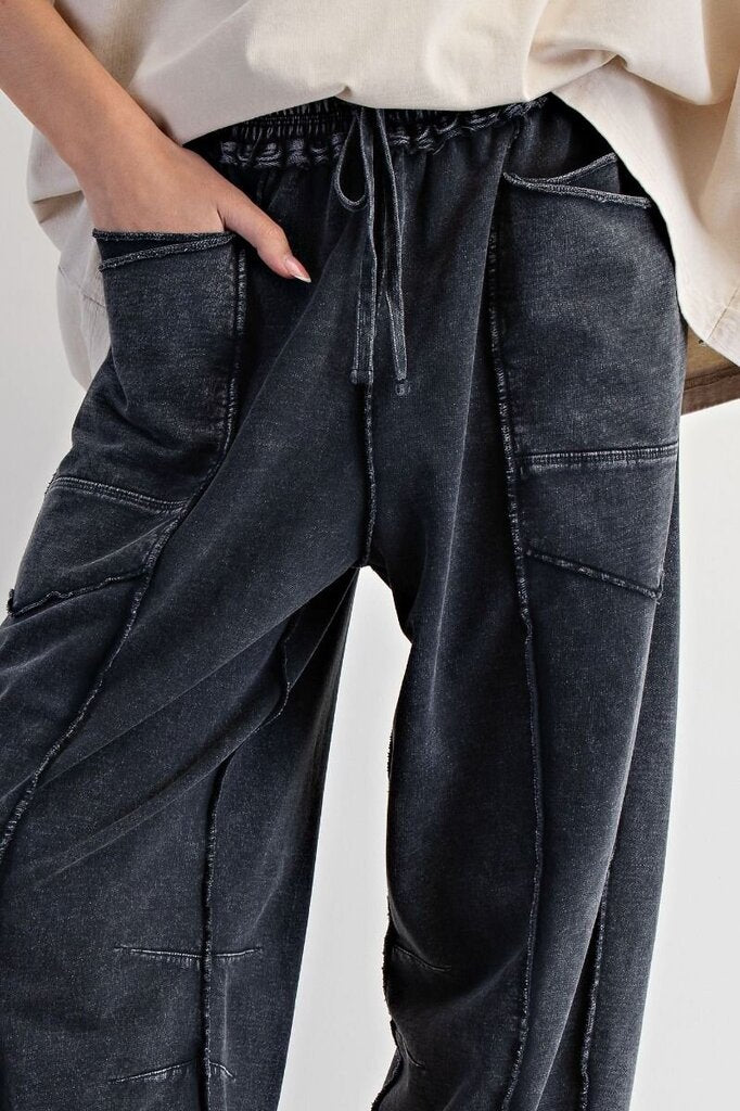 EASEL Black Mineral Wash Barrel Terry Lounge Pant