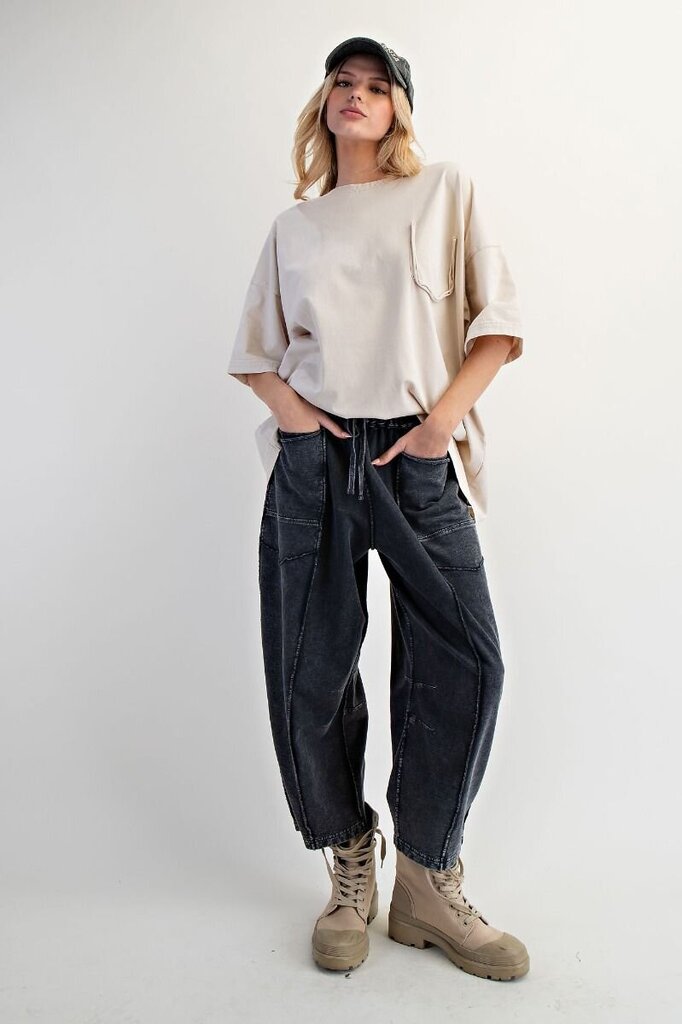 EASEL Black Mineral Wash Barrel Terry Lounge Pant