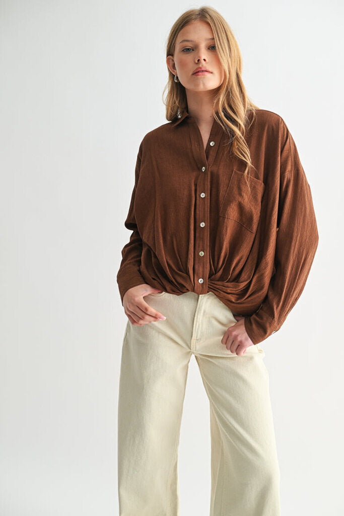 FUN2FUN Brown Long Sleeve Button Down Top