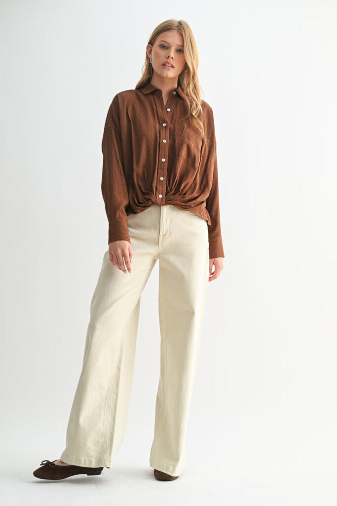 FUN2FUN Brown Long Sleeve Button Down Top
