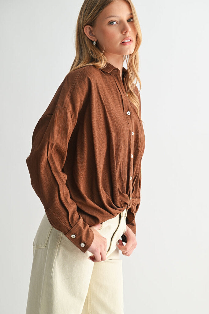 FUN2FUN Brown Long Sleeve Button Down Top