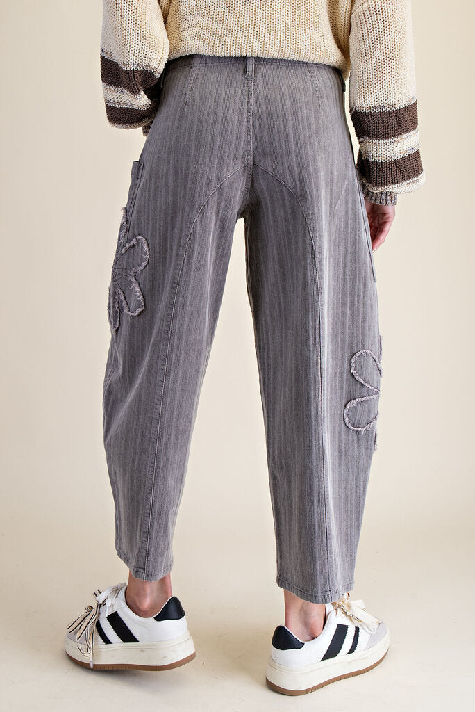 EASEL Grey Daisy Patch Corduroy Barrel Pants
