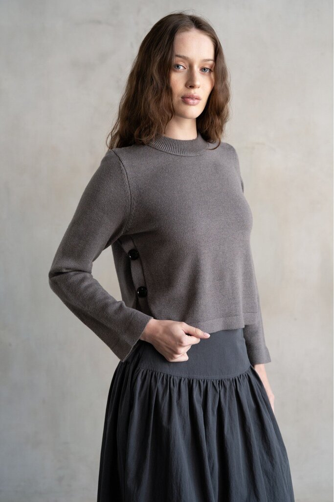 ELLE GREY Grey Side Button Crew Neck Sweater