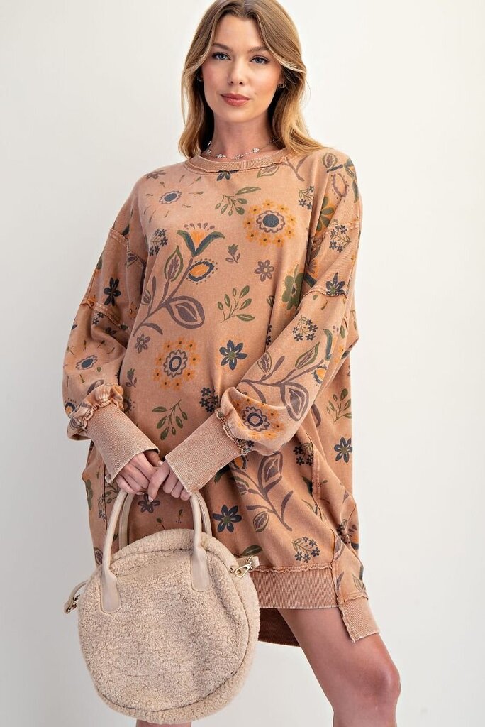 EASEL Mocha Floral Mineral Wash Long Sleeve Dress