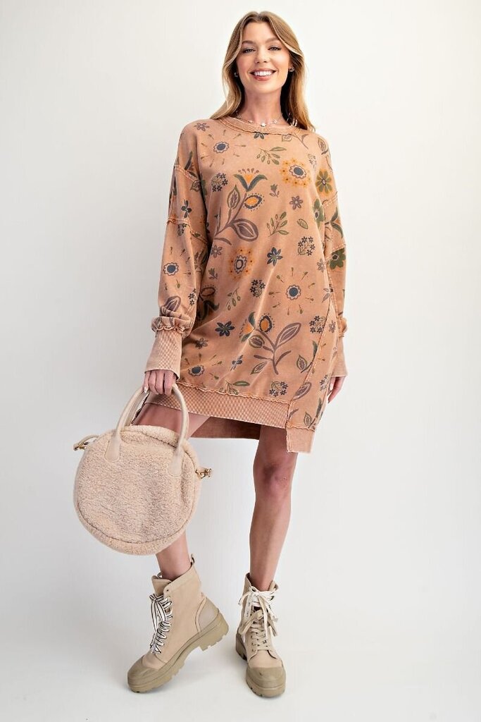 EASEL Mocha Floral Mineral Wash Long Sleeve Dress