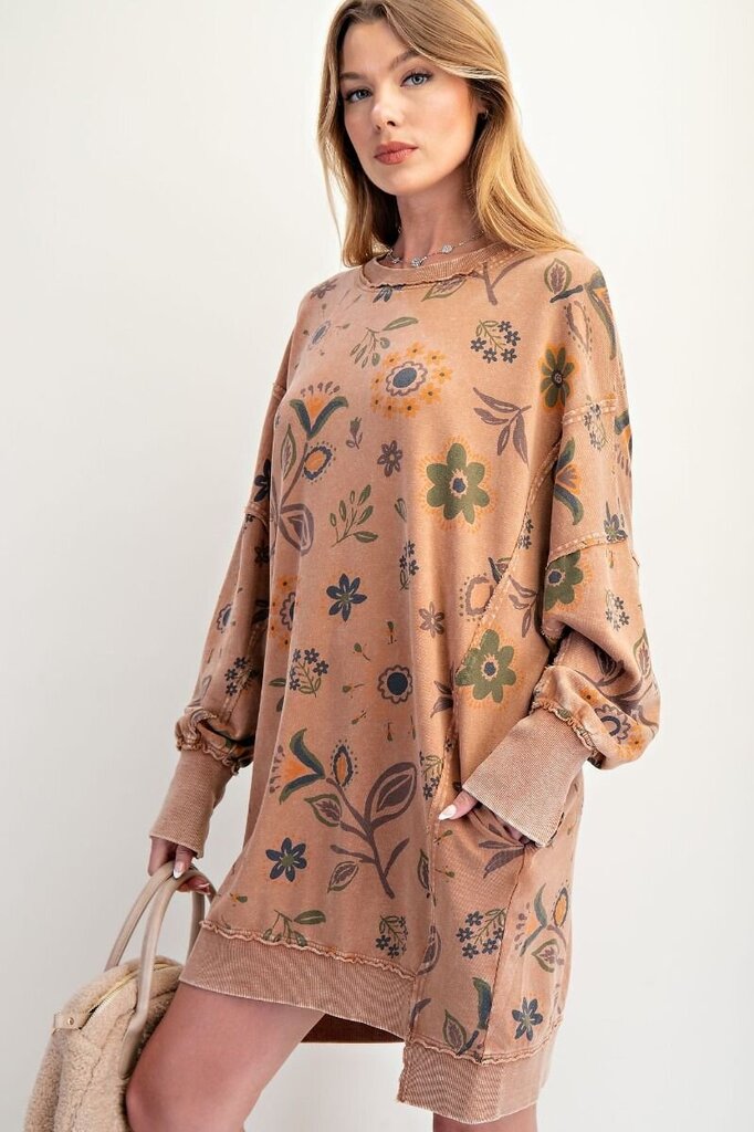 EASEL Mocha Floral Mineral Wash Long Sleeve Dress