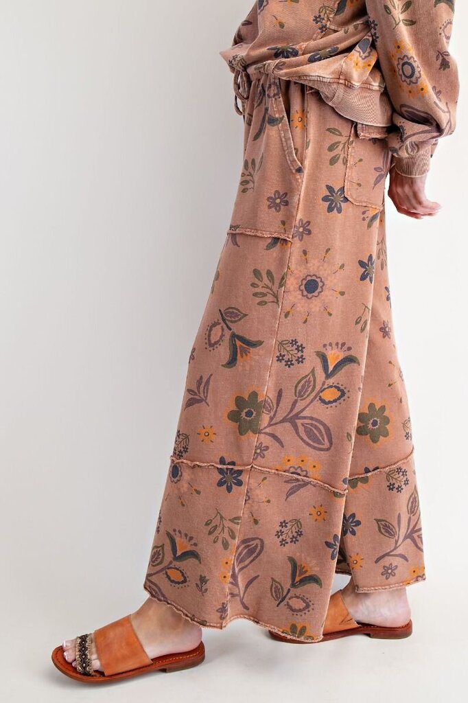 EASEL Mocha Floral Mineral Wash Lounge Pant