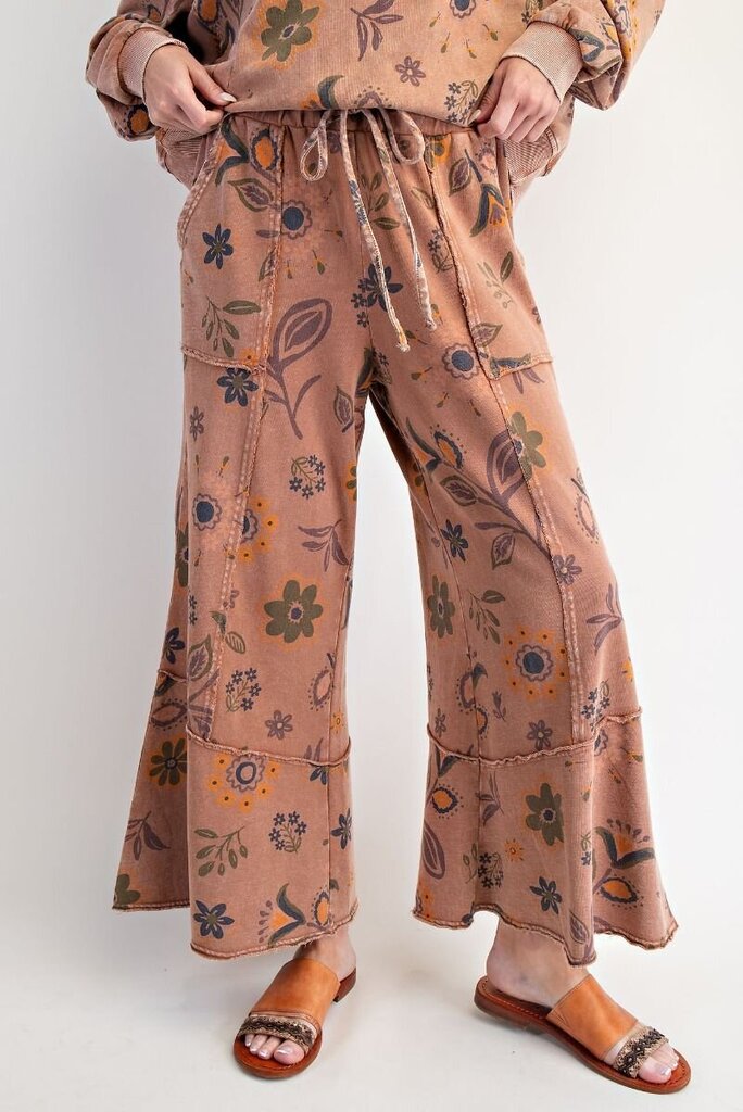 EASEL Mocha Floral Mineral Wash Lounge Pant