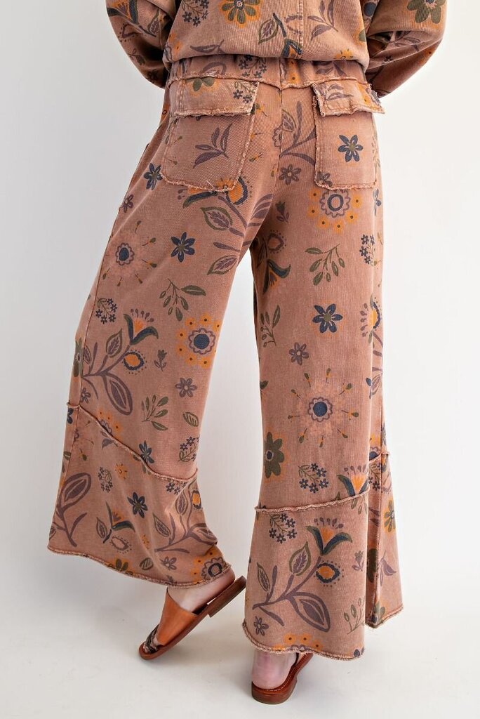 EASEL Mocha Floral Mineral Wash Lounge Pant