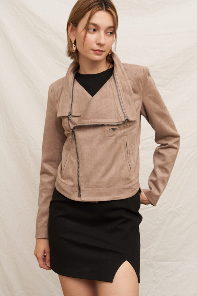 EN CREME Taupe Faux Suede Moto Jacket