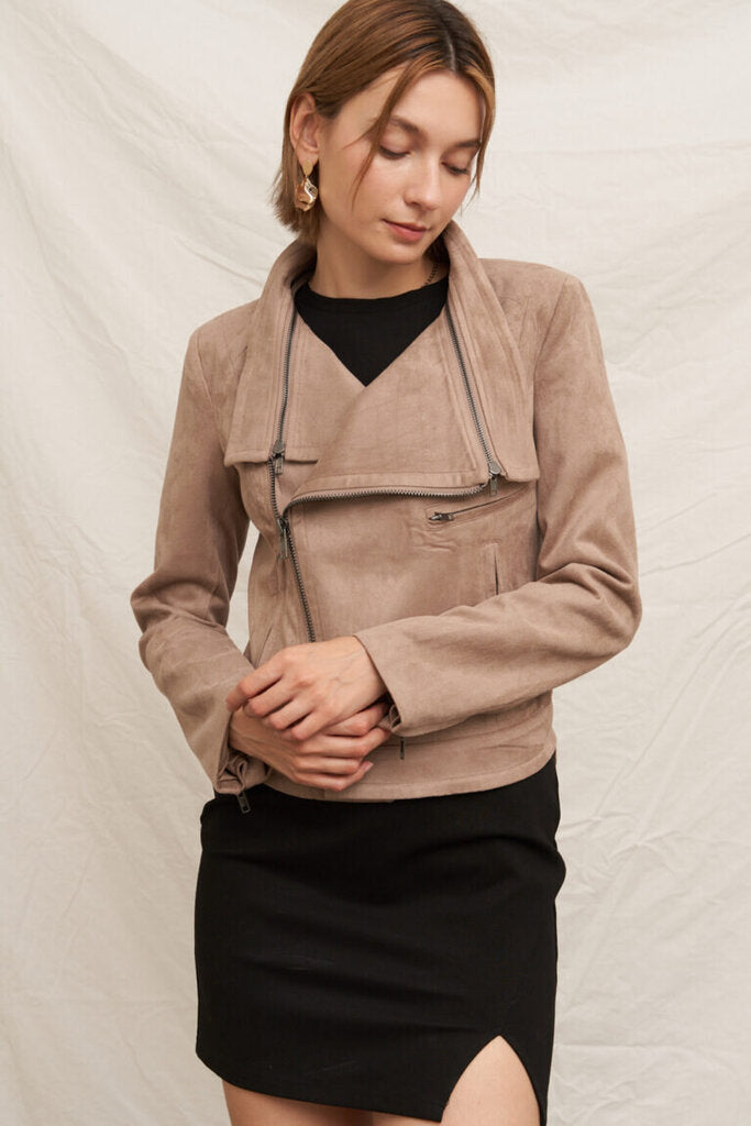 EN CREME Taupe Faux Suede Moto Jacket