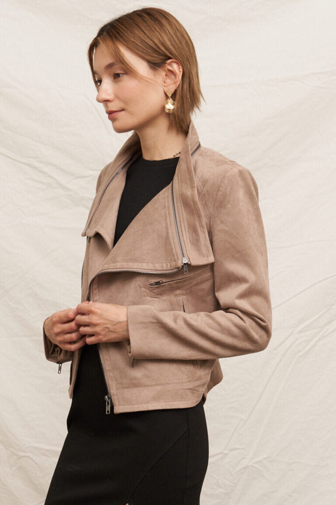 EN CREME Taupe Faux Suede Moto Jacket