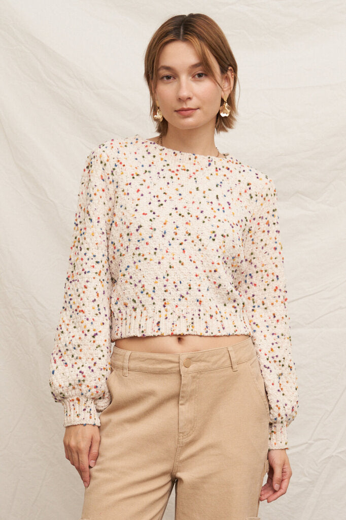 EN CREME Cream Confetti Puffed Long Sleeve Sweater
