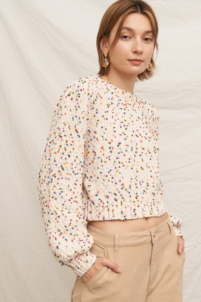 EN CREME Cream Confetti Puffed Long Sleeve Sweater