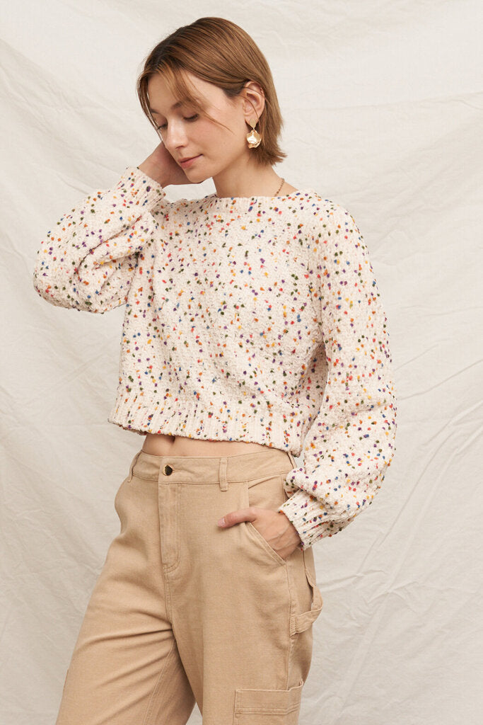 EN CREME Cream Confetti Puffed Long Sleeve Sweater