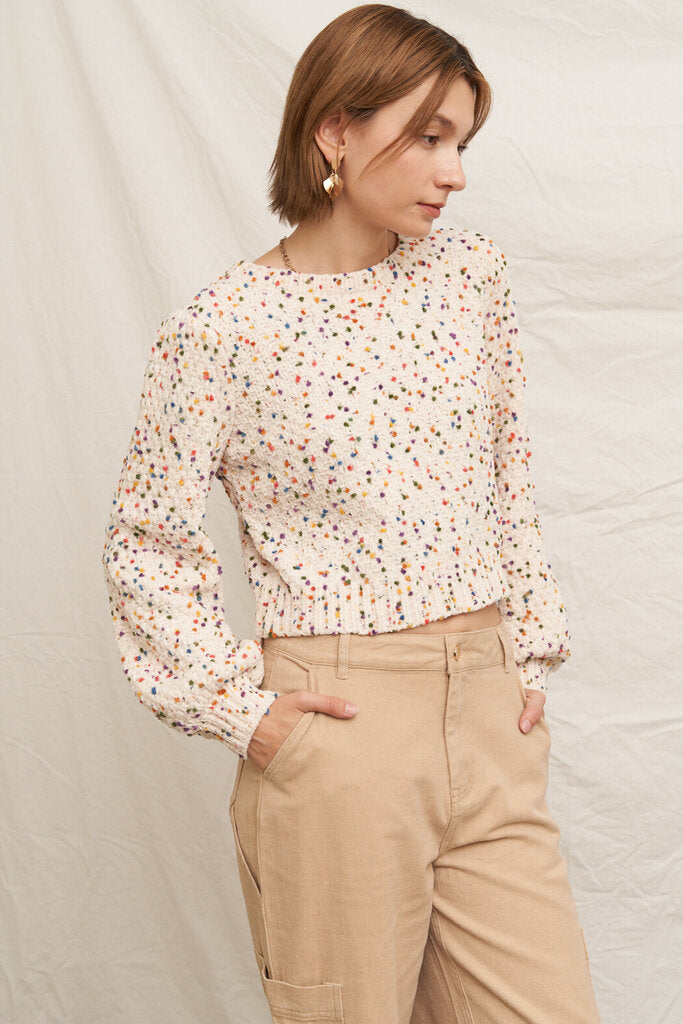 EN CREME Cream Confetti Puffed Long Sleeve Sweater