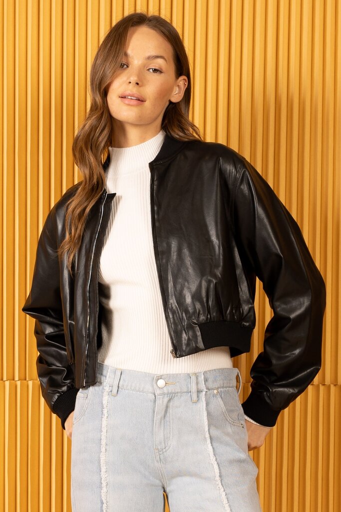 HEYSON Black Pleather Bomber Jacket