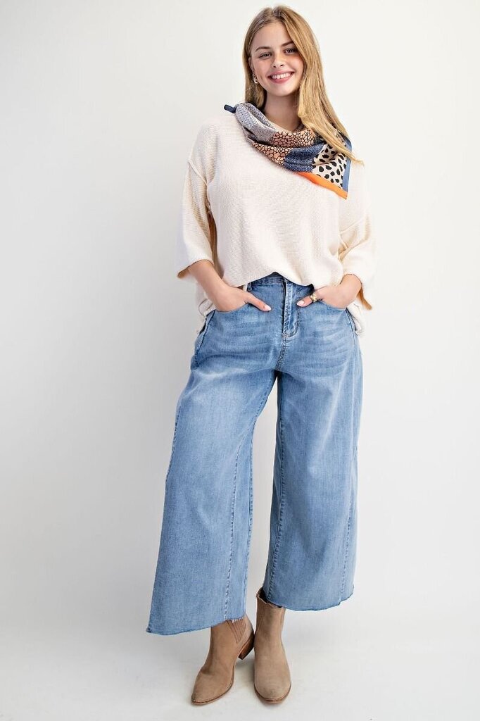 EASEL Light Washed Stretch Denim Wide Leg Jeans