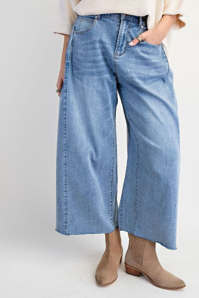 EASEL Light Washed Stretch Denim Wide Leg Jeans