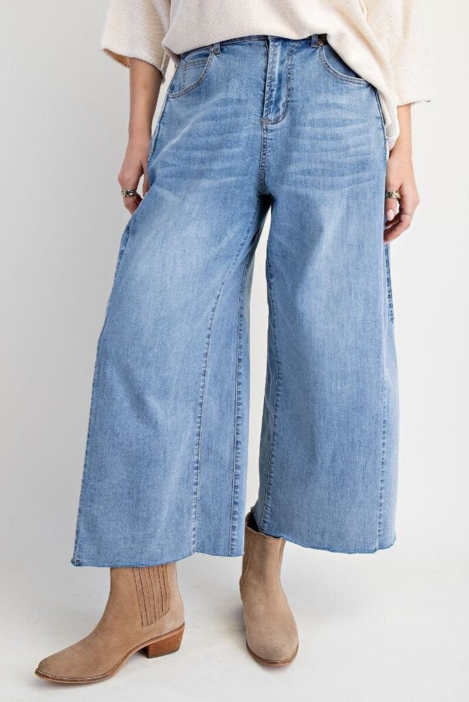 EASEL Light Washed Stretch Denim Wide Leg Jeans