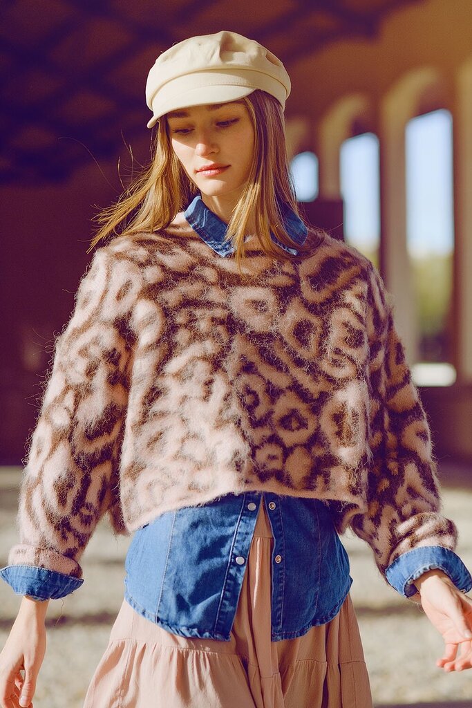 Q2 Pink and Brown Leopard Print Fuzzy Sweater