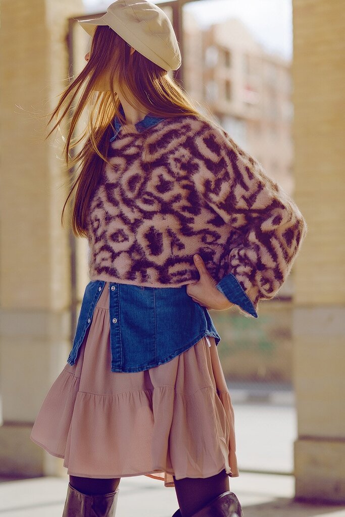 Q2 Pink and Brown Leopard Print Fuzzy Sweater