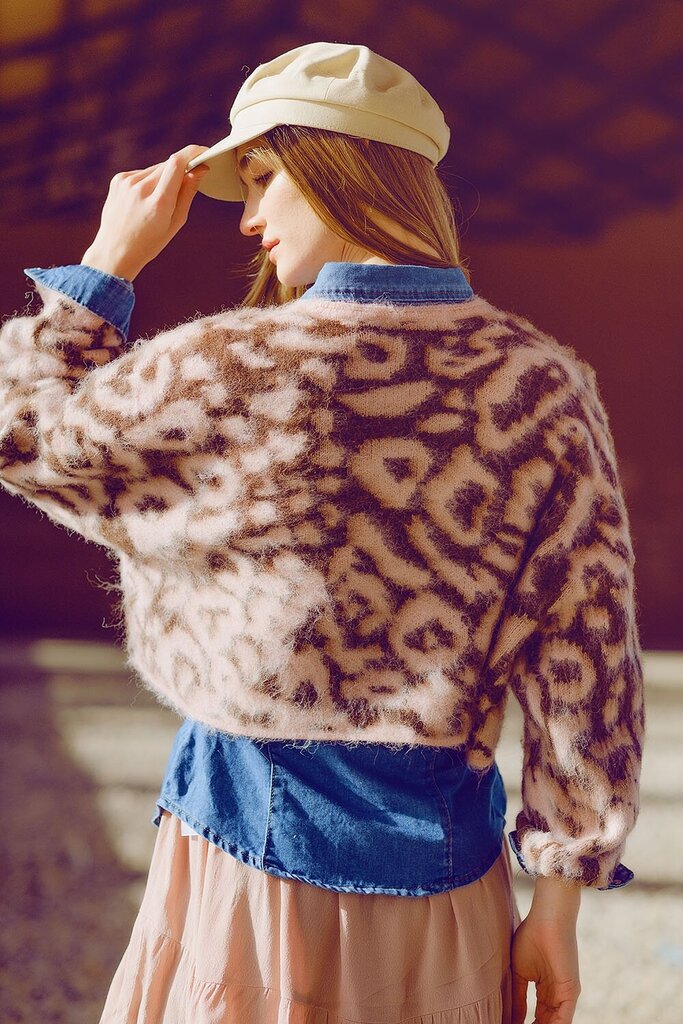 Q2 Pink and Brown Leopard Print Fuzzy Sweater