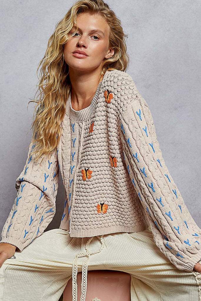 POL Almond Cable Sweater with Butterflies and Blue Stitching