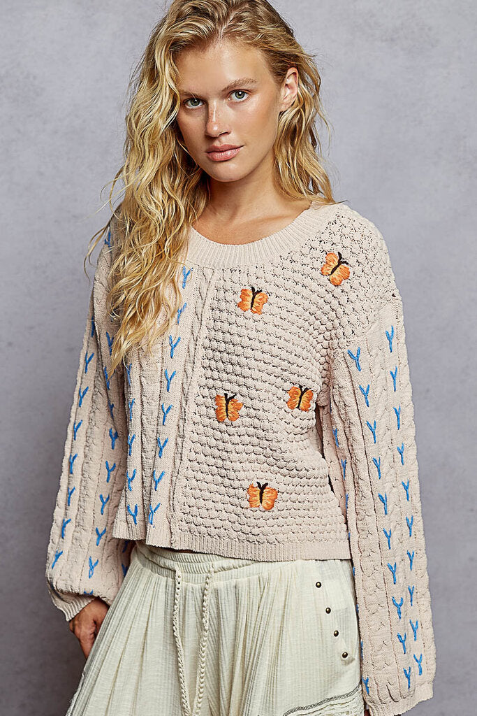 POL Almond Cable Sweater with Butterflies and Blue Stitching