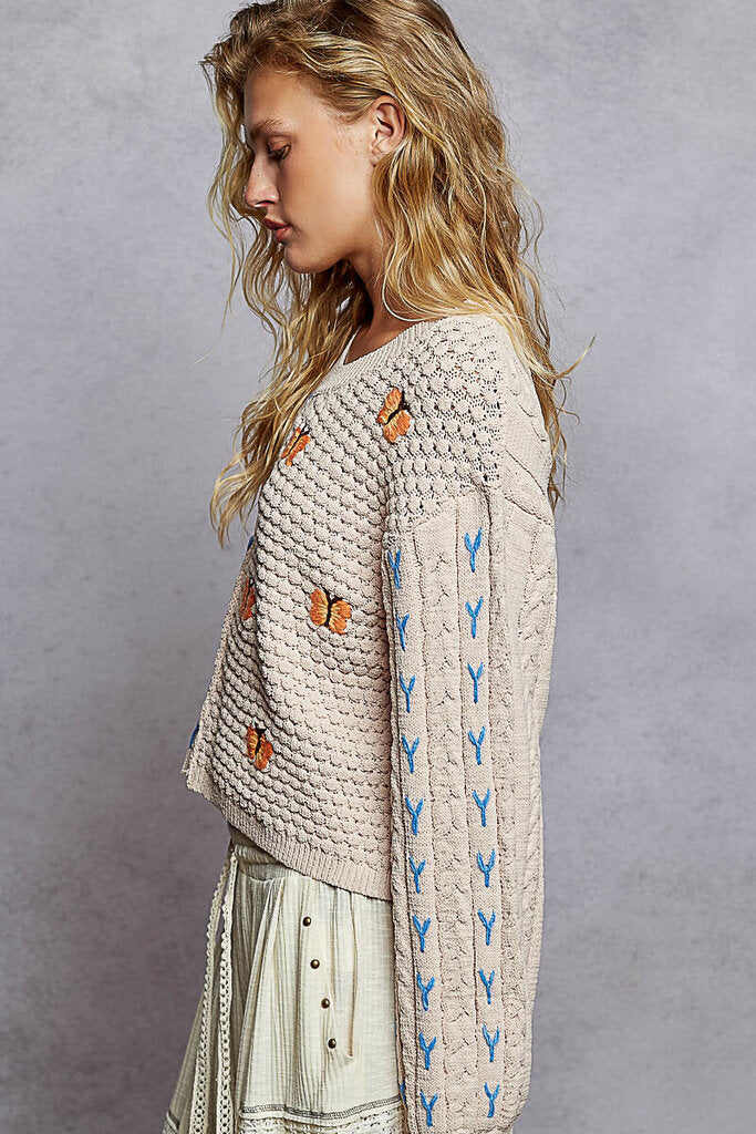 POL Almond Cable Sweater with Butterflies and Blue Stitching