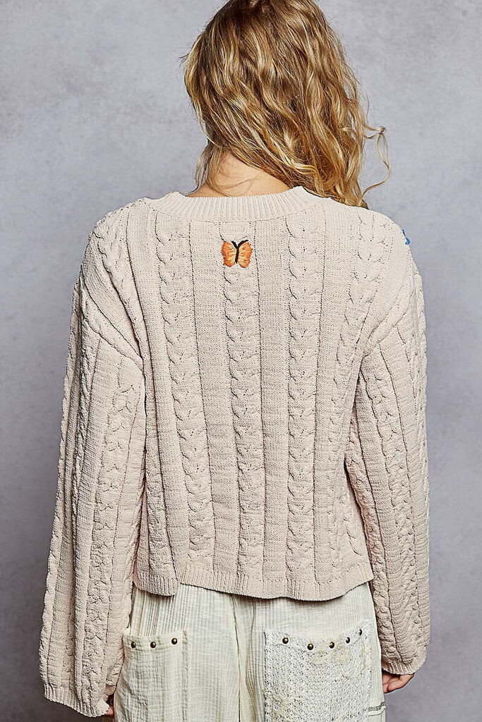 POL Almond Cable Sweater with Butterflies and Blue Stitching