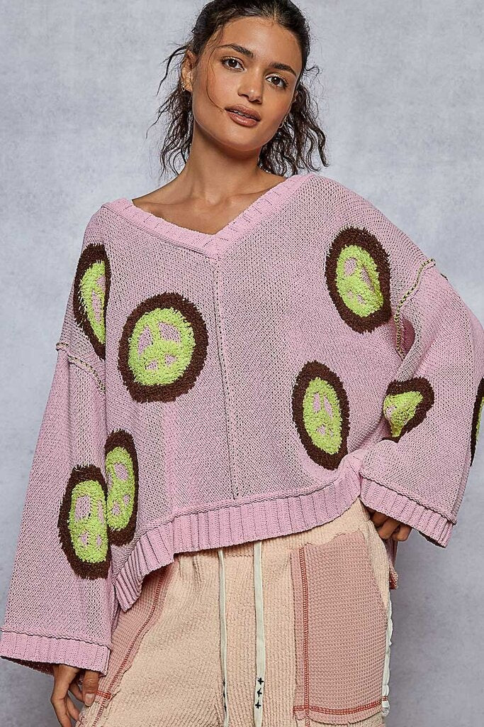 POL Punch Pink V-neck with Peace punch pink w/lime peace