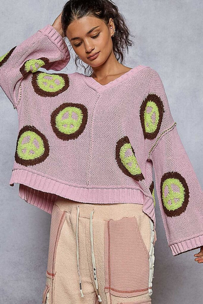 POL Punch Pink V-neck with Peace punch pink w/lime peace