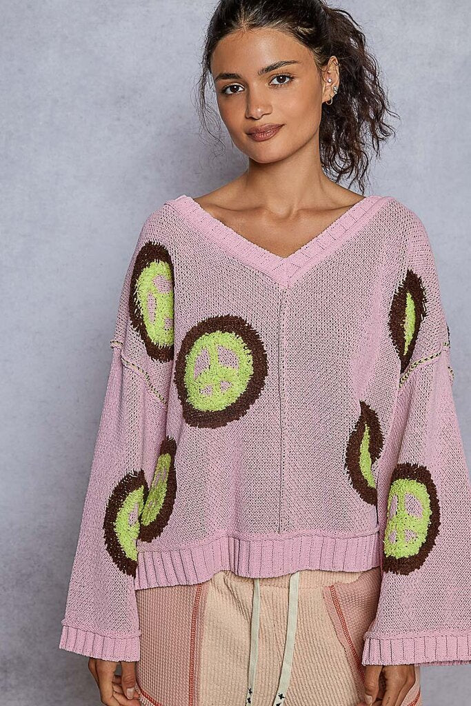 POL Punch Pink V-neck with Peace punch pink w/lime peace