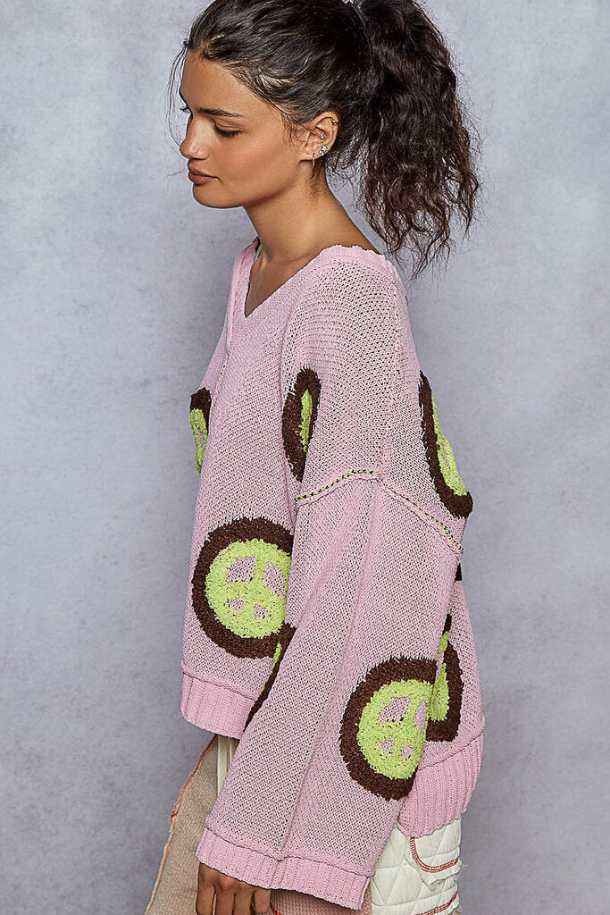 POL Punch Pink V-neck with Peace punch pink w/lime peace