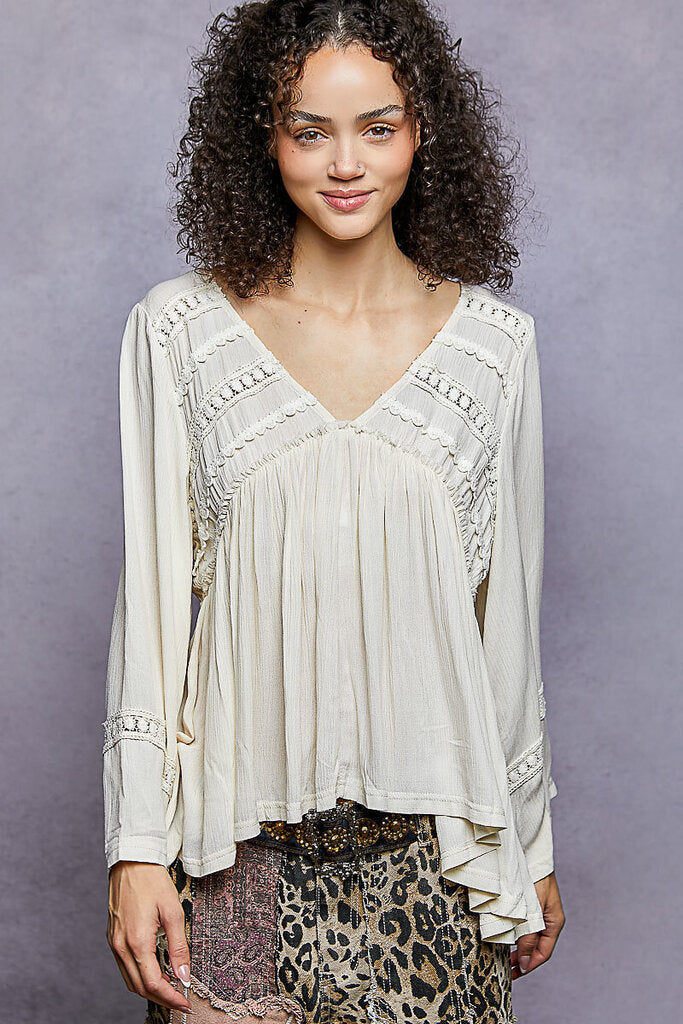POL Cream Bell Long Sleeve Deep V-Neck Top