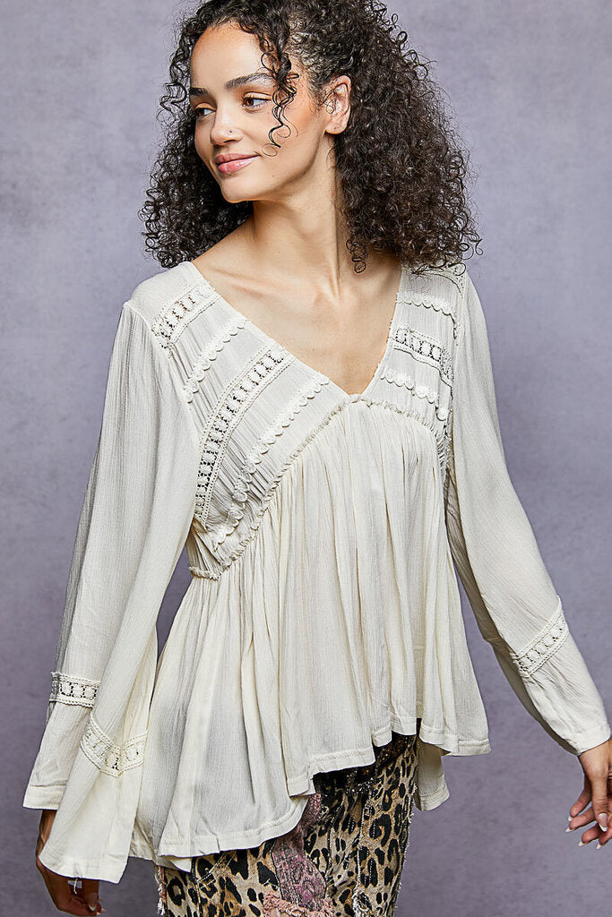 POL Cream Bell Long Sleeve Deep V-Neck Top