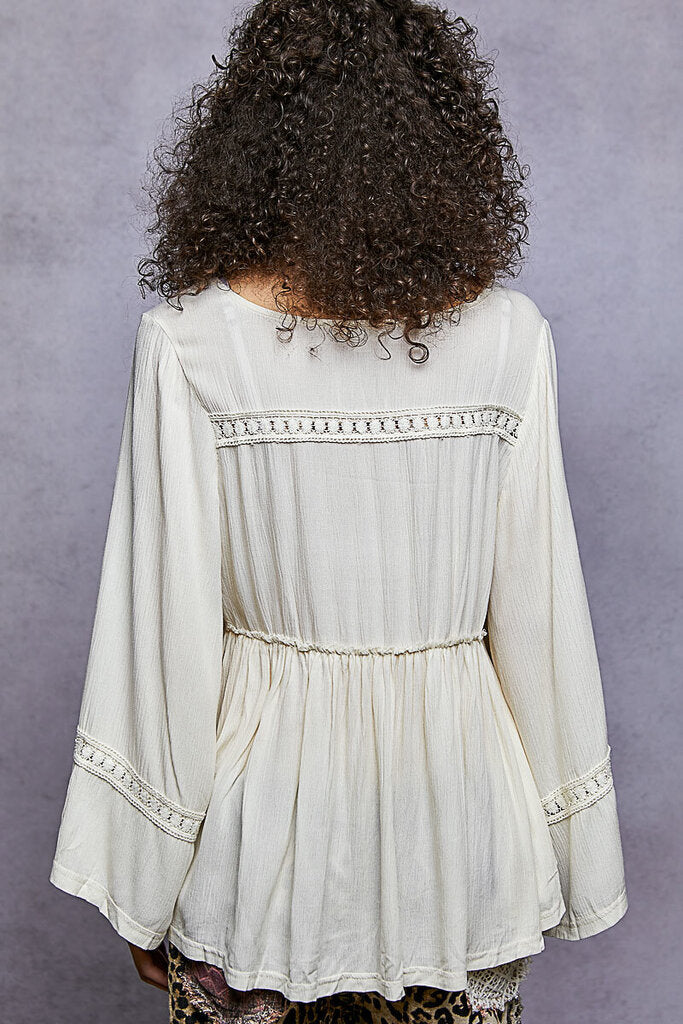 POL Cream Bell Long Sleeve Deep V-Neck Top